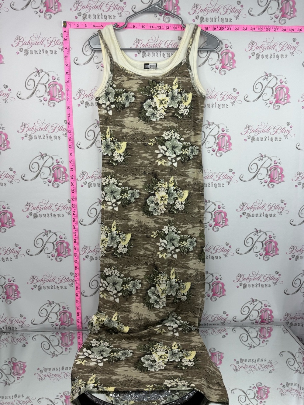 Knitworks dress long tropical palm tree Brown Floral Maxi Dress with Cream Trim